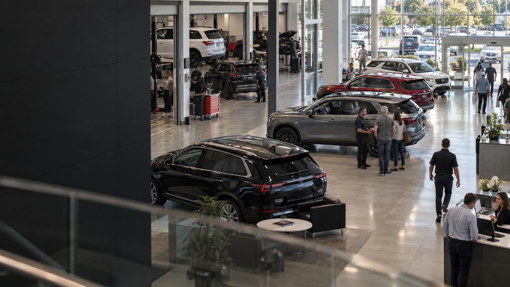 A busy modern dealership showroom and service operation